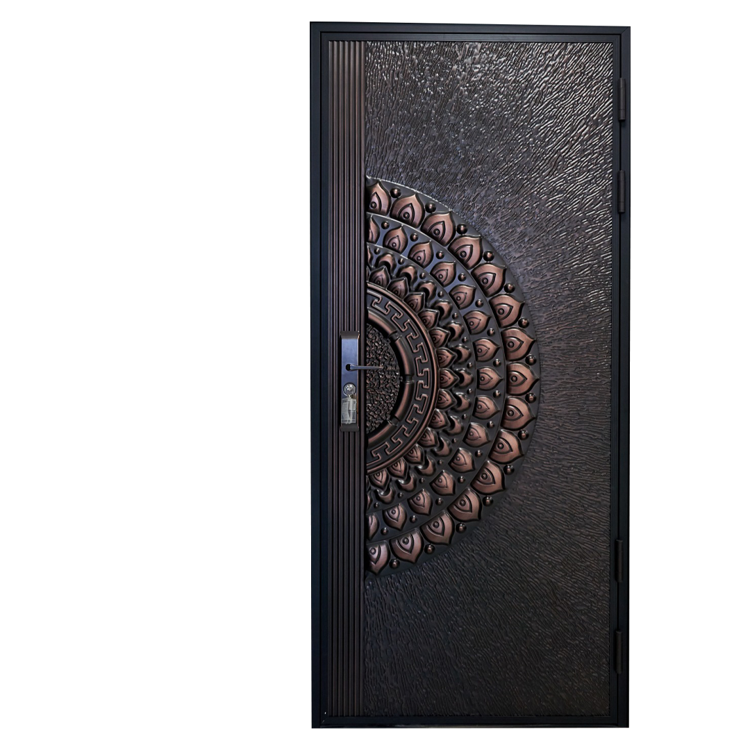 Thumbnail image of grey door with some red leaves around, front view